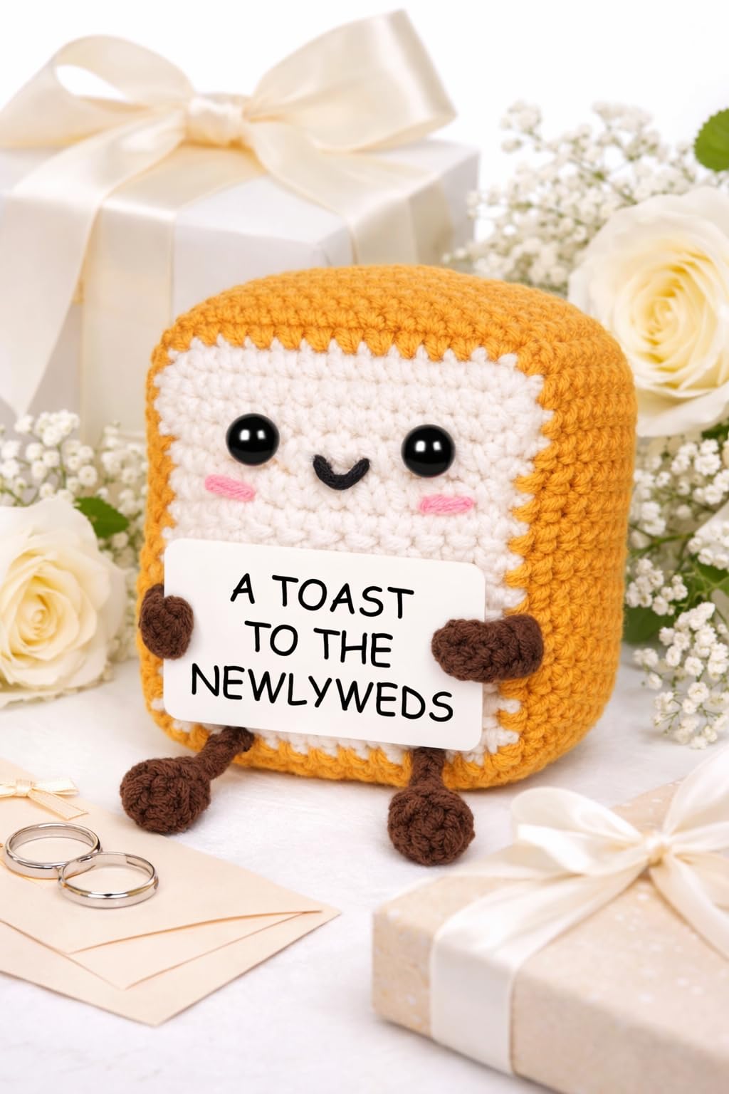 Handmade Crochet Toast Plush, Wedding Gift, A Toast to the Newlyweds, Soft Cuddly Toy with Sign Holder, 3.5 Inches
