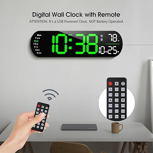 Miniatura 2 de Zgrmbo Reloj de pared digital, reloj digital de pantalla grande de 13 pulgadas con control remoto, reloj de pared con atenuación automática con luz