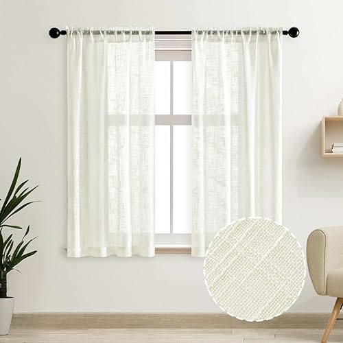 Cortinas traslúcidas color blanco y marfil para dormitorio, sala de estar, 2 paneles con bolsillo para barra, cortinas cortas de lino bohemio con