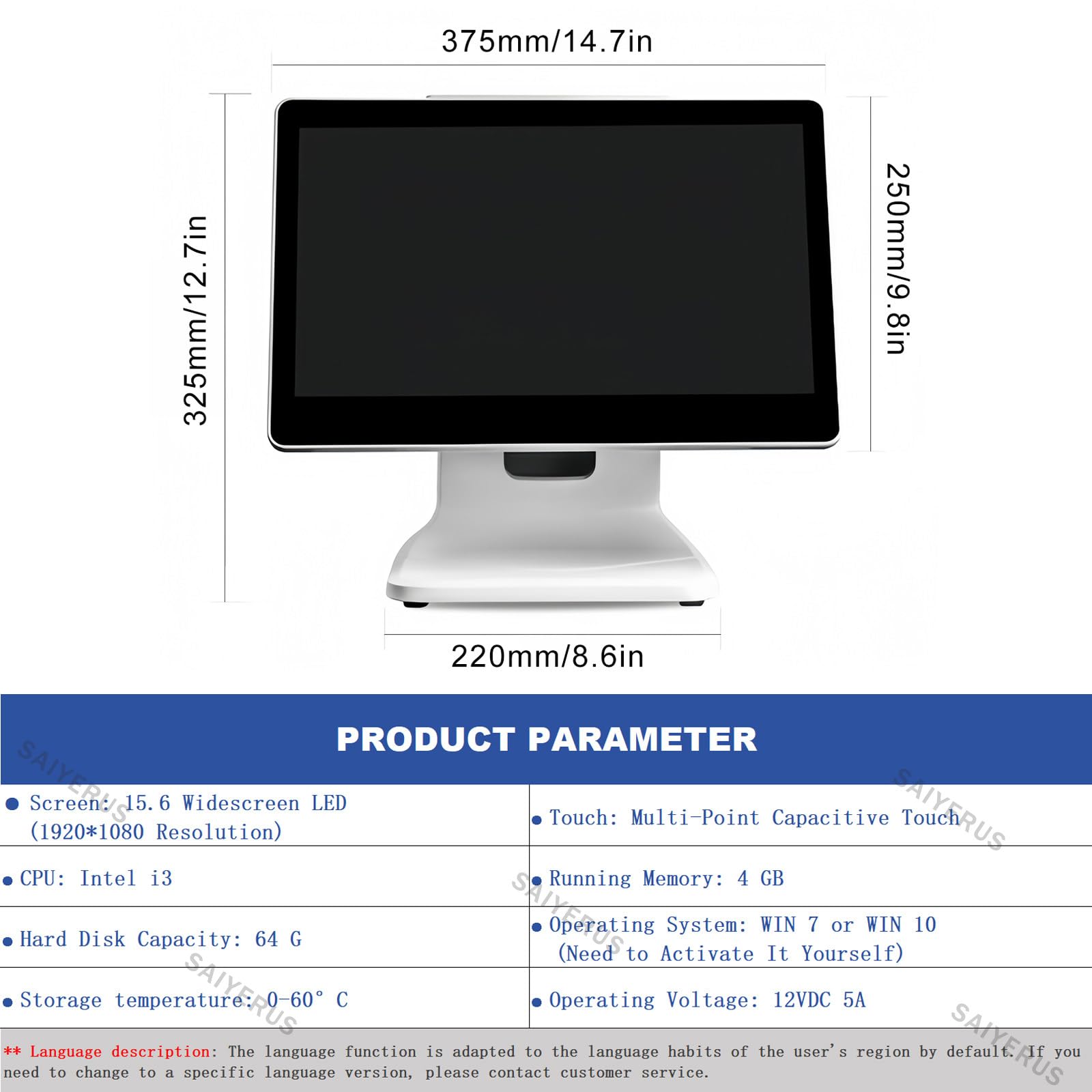 Terminal POS para pequeñas Empresas, Punto de Venta Caja registradora con Windows-10 Professional, Pantalla táctil de 15,6", 4 GB de RAM, SSD de 64 GB, 1920 x 1080 píxeles (Solo Hardware)