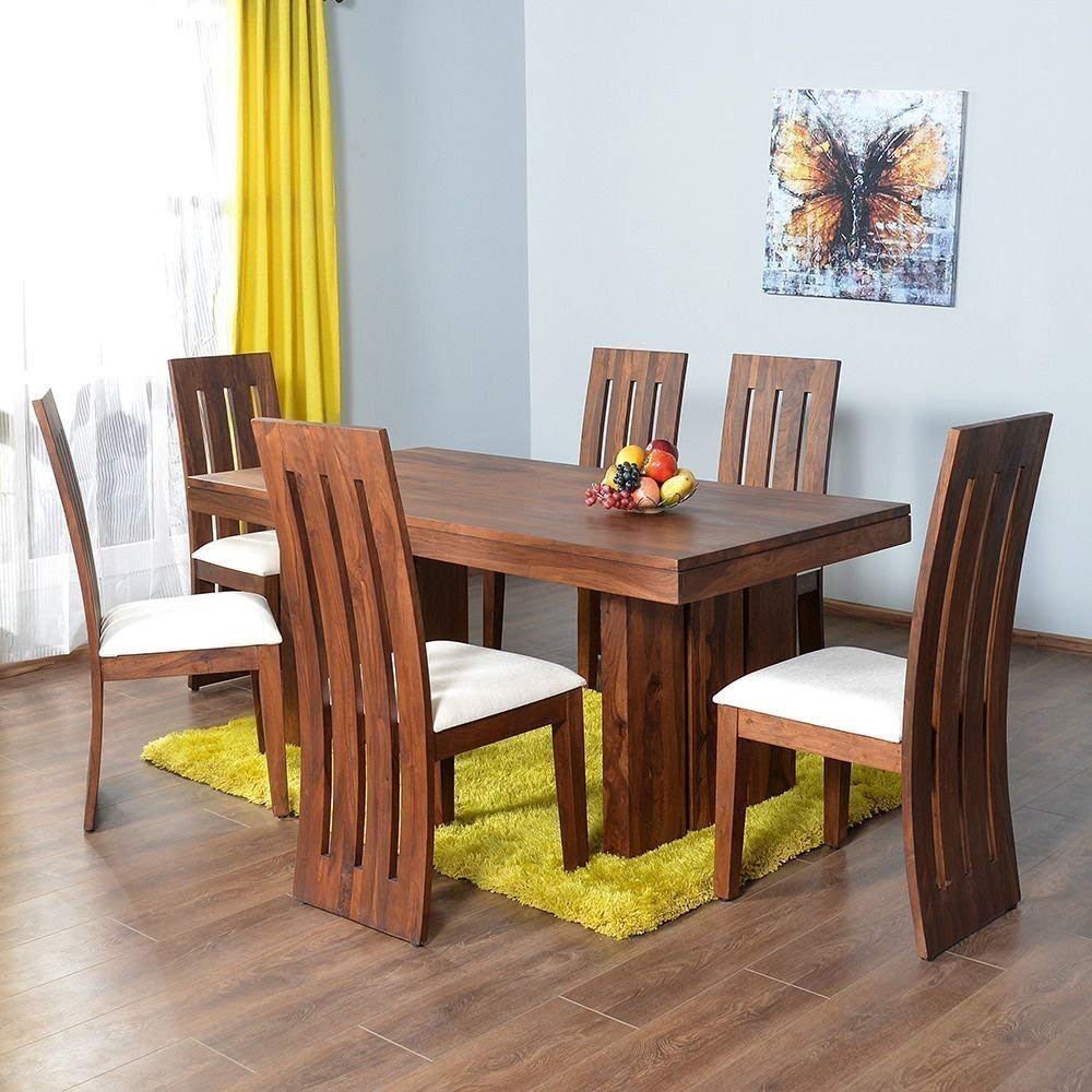 Corte Clasico Sheesham Wood 6 Seater Dining Table Set with 6 Cushion Chairs Wooden Furniture Dinner Table for Home Living Dining Room Set (Honey Finish)