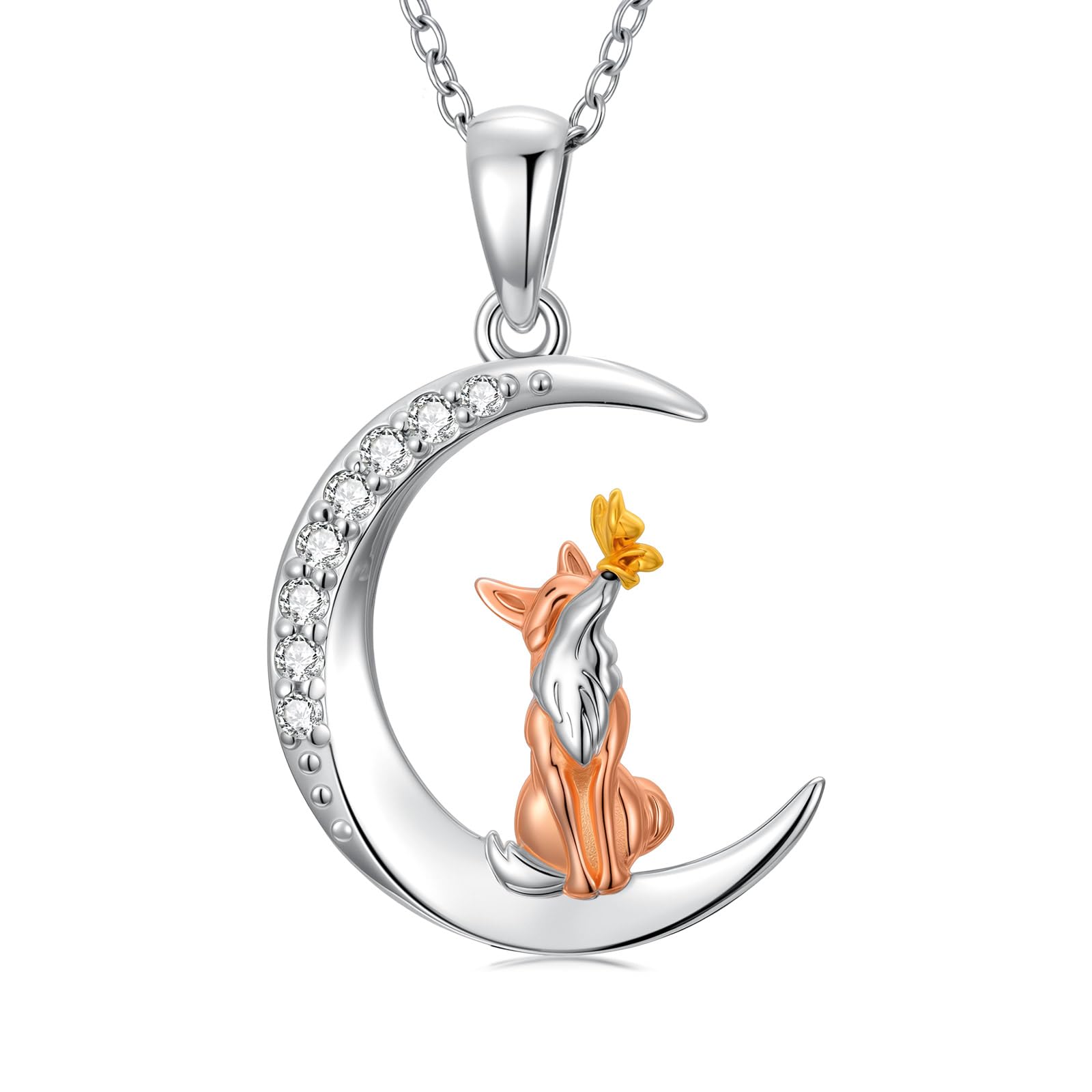 Diamond Moon and Fox Necklace for Women 925 Sterling Silver Fox Pendant with Lab Grown Diamond Jewelry Gifts