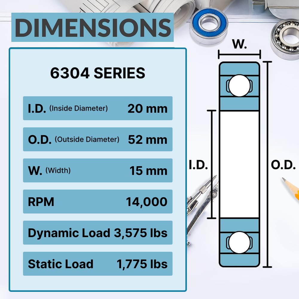 6304-2RS - Rodamientos sellados (20 x 52 x 15 cm, acero cromado lubricado, 4 unidades)