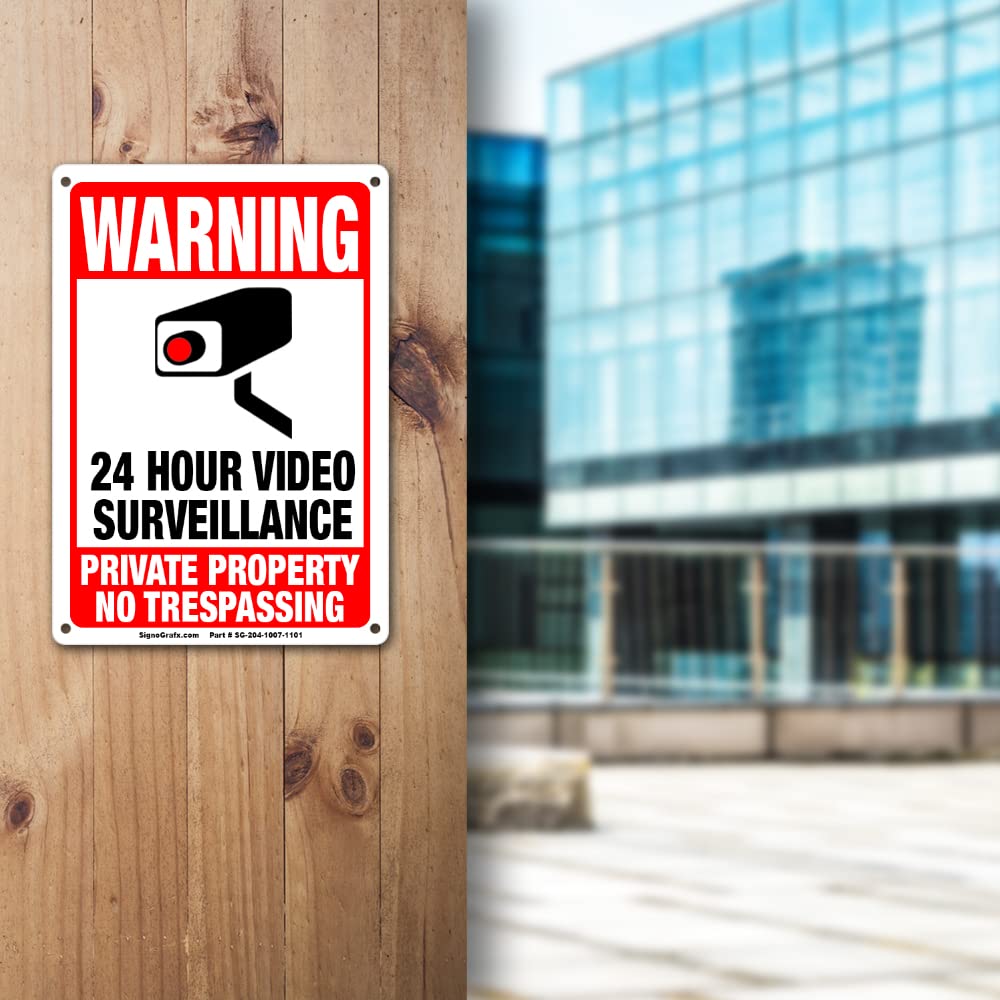 Paquete de 2 letreros de videovigilancia de 24 horas, señales de propiedad privada de 10 x 7 pulgadas, cámara de seguridad para el hogar, negocios, letrero privado, uso en interiores y