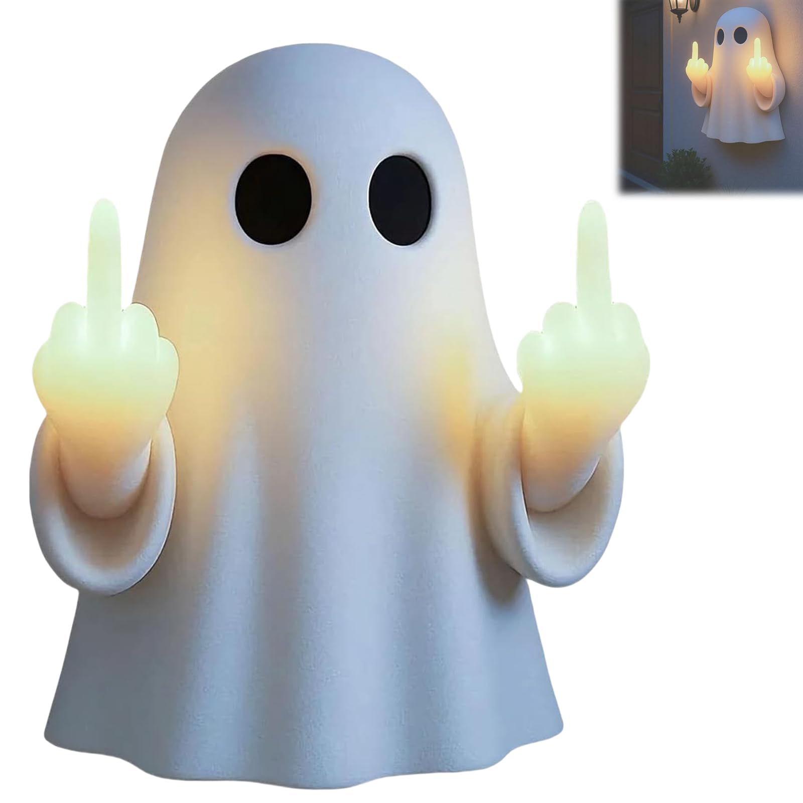 Ghost Middle-Finger LED Lamp, Funny Halloween Ghost Night Light, USB Powered Resin Statue for Bedroom, Living Room, Table, Wall Decor (8 Inch)