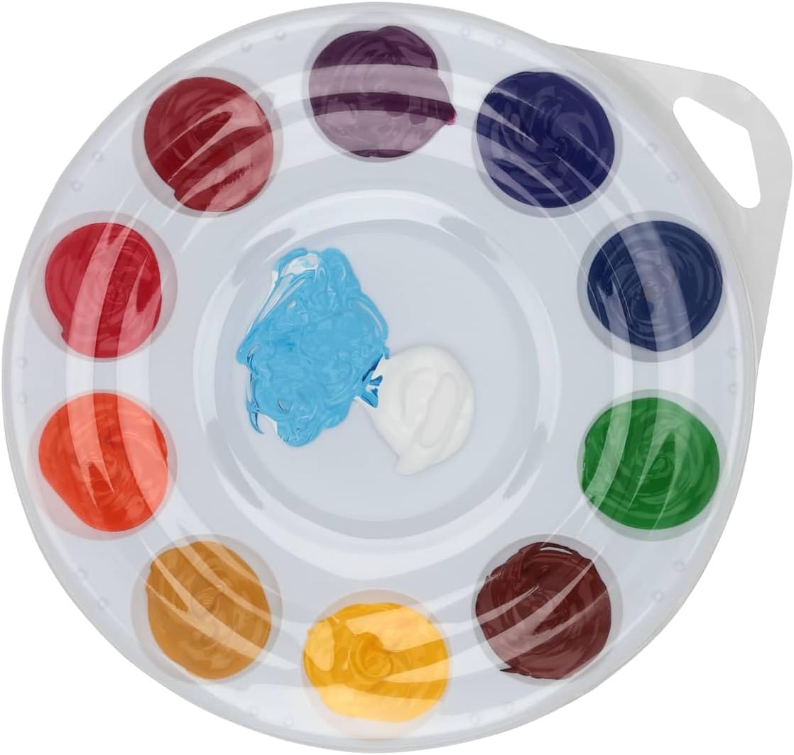 Creative Mark 10-Well Round Plastic Paint Palette with Lid - Pack of 12, Durable, Reusable, Solvent-Resistant, with Oversized Paint Wells Mixing and Color Theory - 7.4ml (0.25oz) Per Well