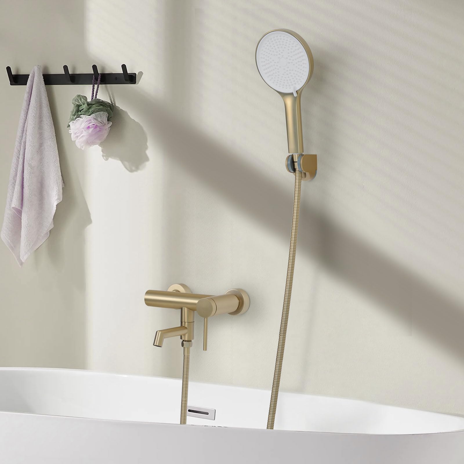 Rubinetto per Vasca, Miscelatore Vasca da Bagno con Doccetta, Regolabile Supporto e Tubo Doccia 150cm, Oro Spazzolato, 15Y4OK