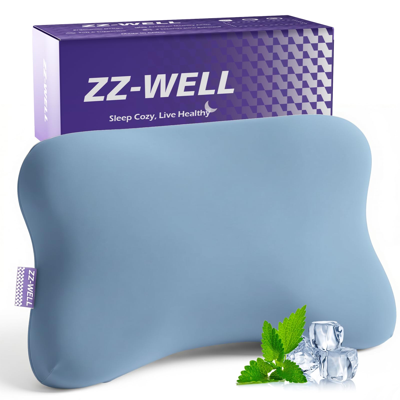 ZZ-WELL Cuscino rinfrescante per dormire, ergonomico, curvo, morbido, per dormire, in memory foam, per dolori al collo e alle spalle, con fodera lavabile in lavatrice (blu)