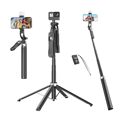71" Selfie Stick Tripod with Reinforced 4-Leg Tripod Stand for Phone, 360° Rotatable Handle, Recharg