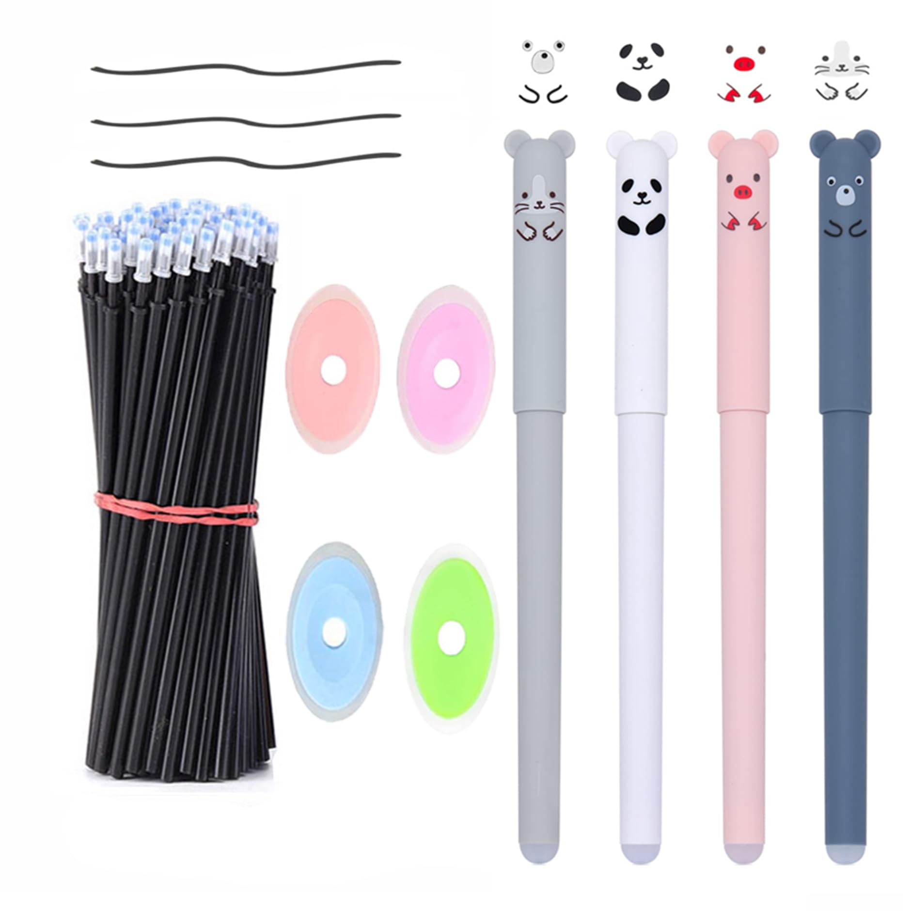 4Pcs 0.35mm Erasable Cartoon Animal Gel Pen with 20Pcs Refills and 4 Pcs Erasers Set, Cute Design Erasable Black Ink Gel Pens, Kids Adults Sketching, Drawing, School Office Supplies