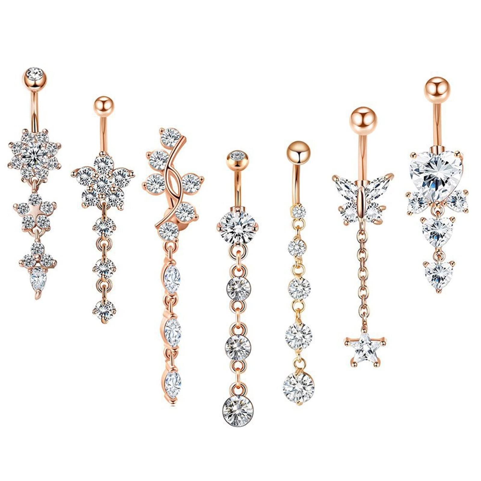 Piercing Banane, Bauchnabelpiercing Glitzer Edelstahl 7 Stück 14G Weiß Rund Zirkonia Blumen Stern Schmetterlings Herz Quaste