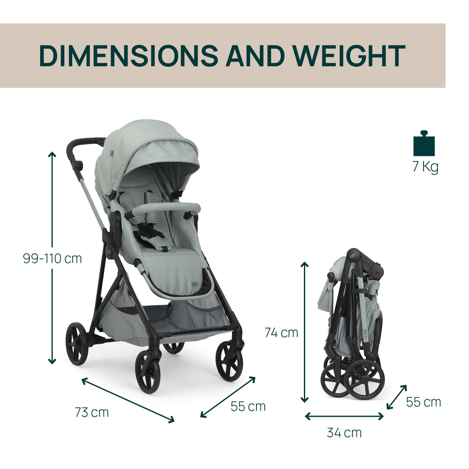 Chicco Poussette Seety, Poussette Légère et Compacte de 0 Mois à 4 Ans, Charge Max 22 kg, Poussette Pliable, Dossier Réglable, Fermeture Automatique en 1 Geste, Canopy Pare-Soleil et Habillage Pluie