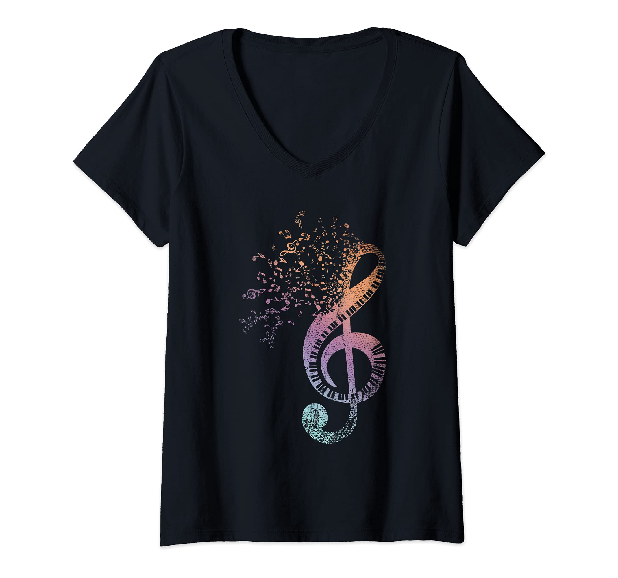 Womens Treble Clef Piano Keyboard Musician Pianist Colorful Piano V-Neck T-Shirt, Black