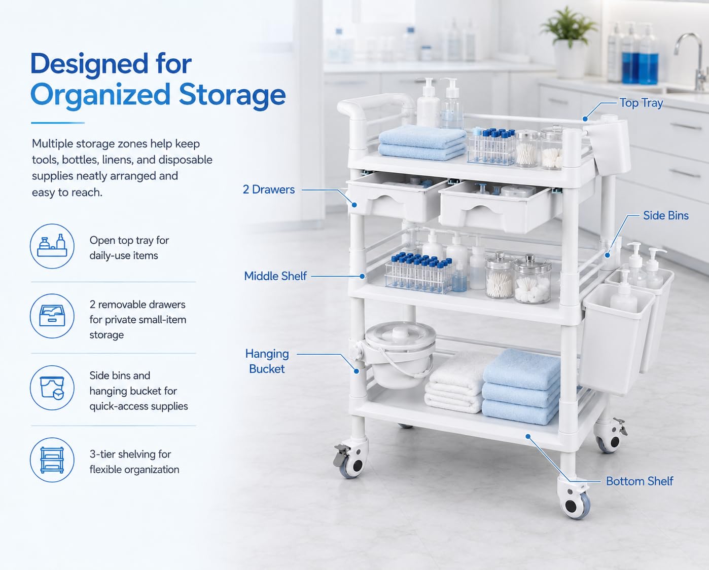 Chariot utilitaire médical avec tiroirs, chariot d'esthétique à 3 niveaux avec roulettes pour salon de beauté, spa, hôpital, bureau, laboratoire - Blanc