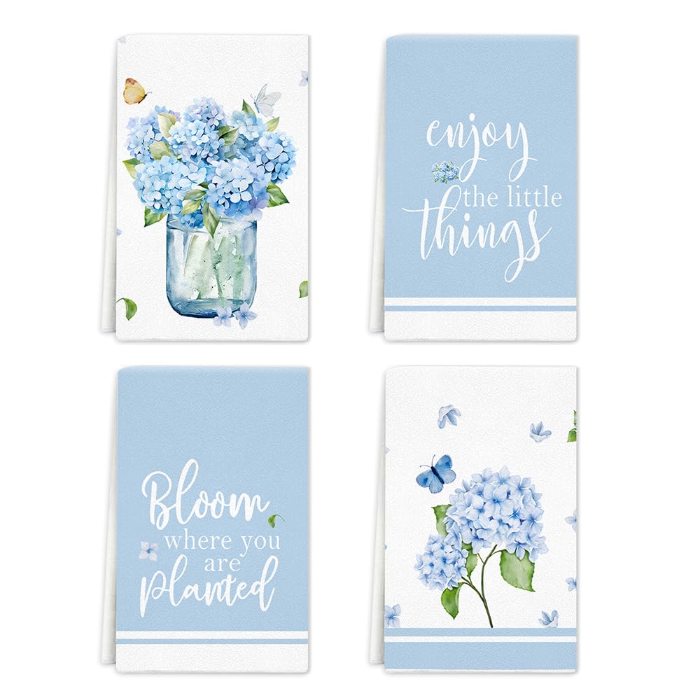 Rumkim Blue Floral Kitchen Towels Dish Towels, Hydrangea Flower Hand Towel 16x24 Inch Drying Dishcloth for Home Decor Housewarming Gift, Set of 4