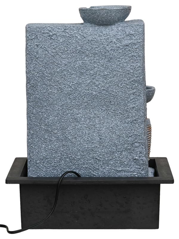 Image of Polyresin Grey Ganesha Idol Tabletop Indoor 4 Diya Steps Water Fountain for Home Decor with Yellow LED Light & Water Flow Controller Pump (Size: 39 x 29.5 x 22CM | Wt: 2195grm)