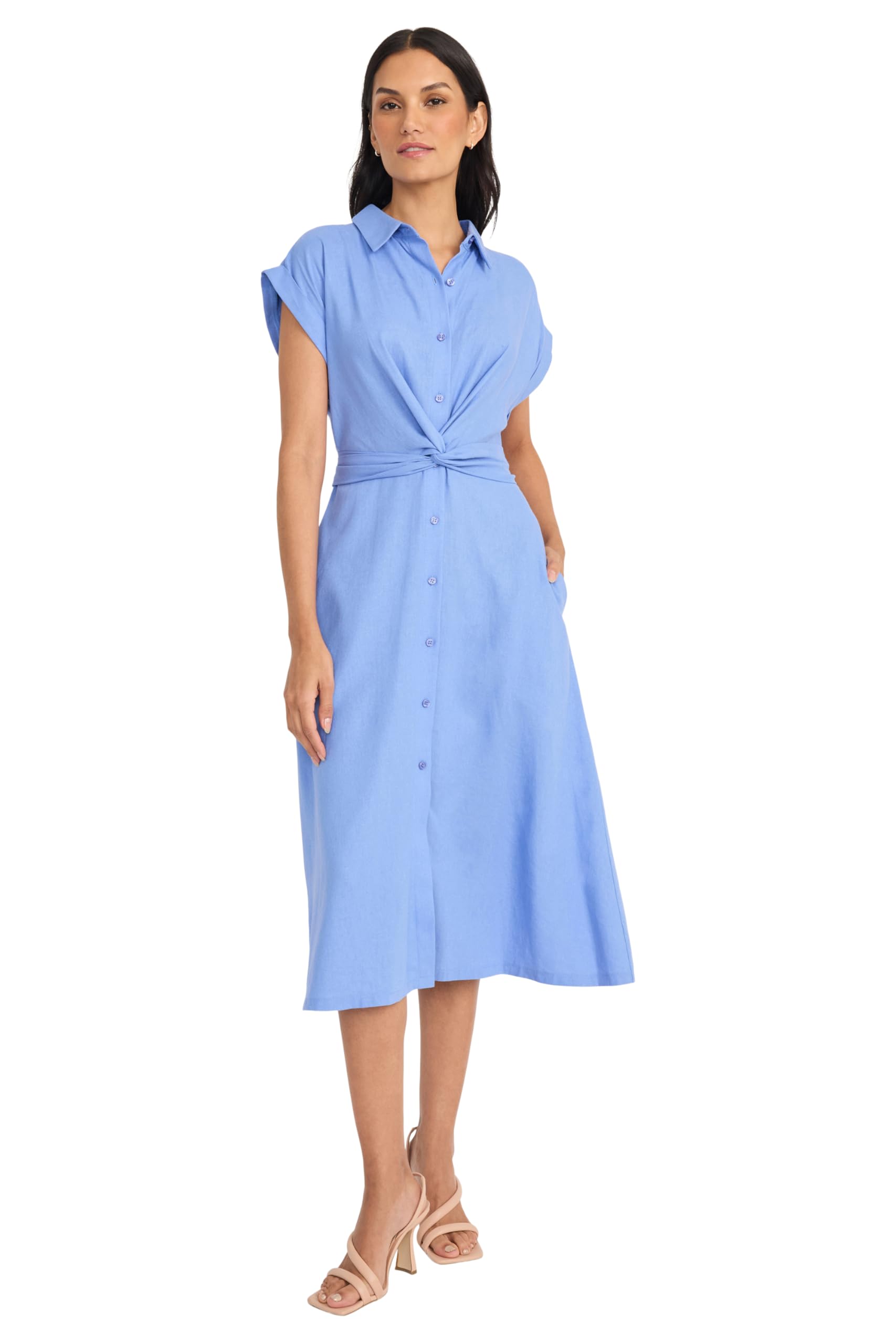 Maggy London Womens Button Down Midi Length Shirt Pockets and Belt-Twist Front Detail-a Line Work Dress