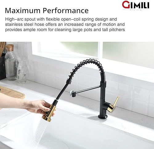 Miniatura 3 de GIMILI Grifo de fregadero de cocina con resorte con placa de cubierta, negro mate y dorado
