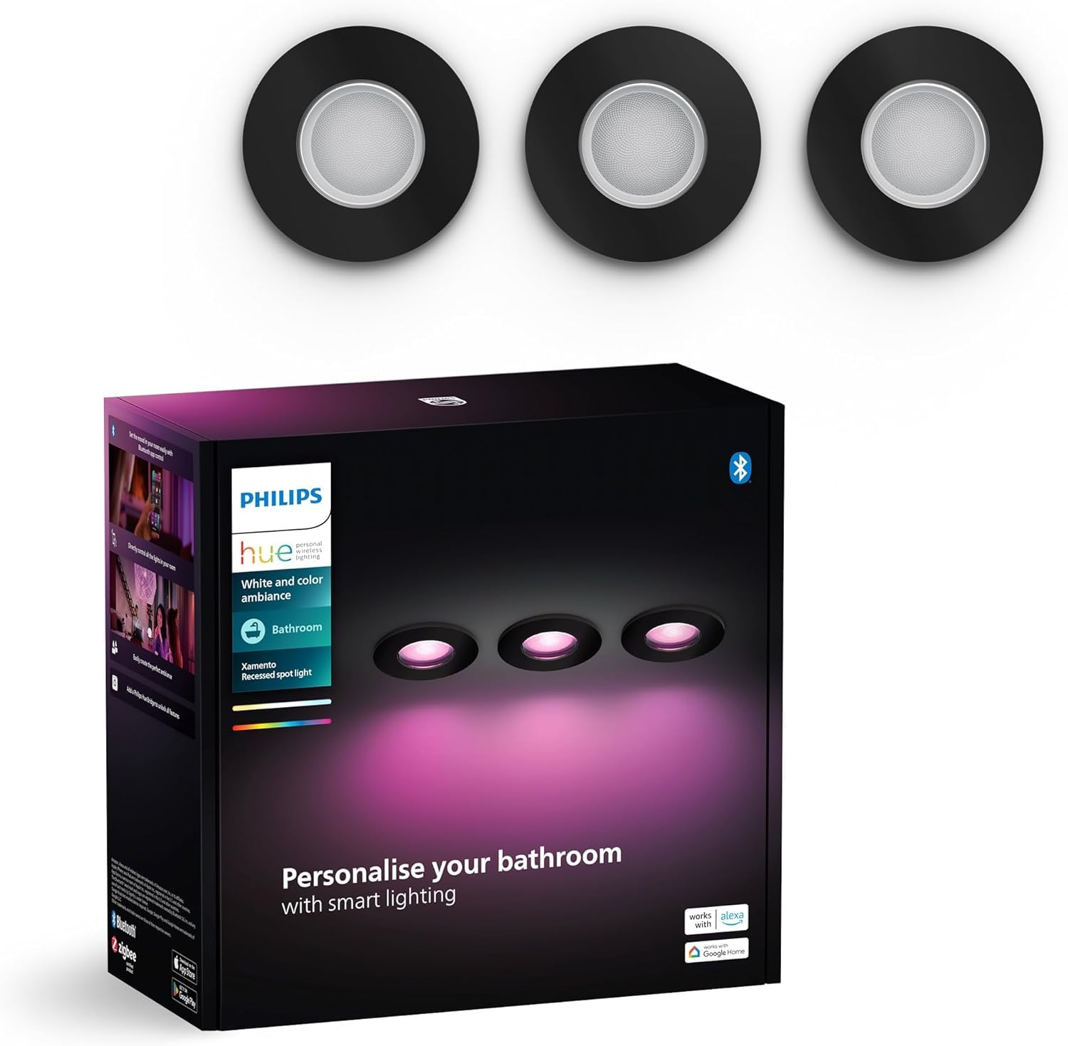 Philips Hue Xamento, Faretti da incasso LED smart, Confezione da 3, Nero | Luce bianca e colorata, Dimmerabile, 16 milioni di colori, Smart Home, Controllo vocale e via app, Per bagno, GU10