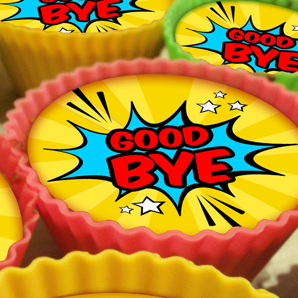 Good Bye Comic Style - 20 x 5cm Edible Cupcake Toppers on Premium Icing