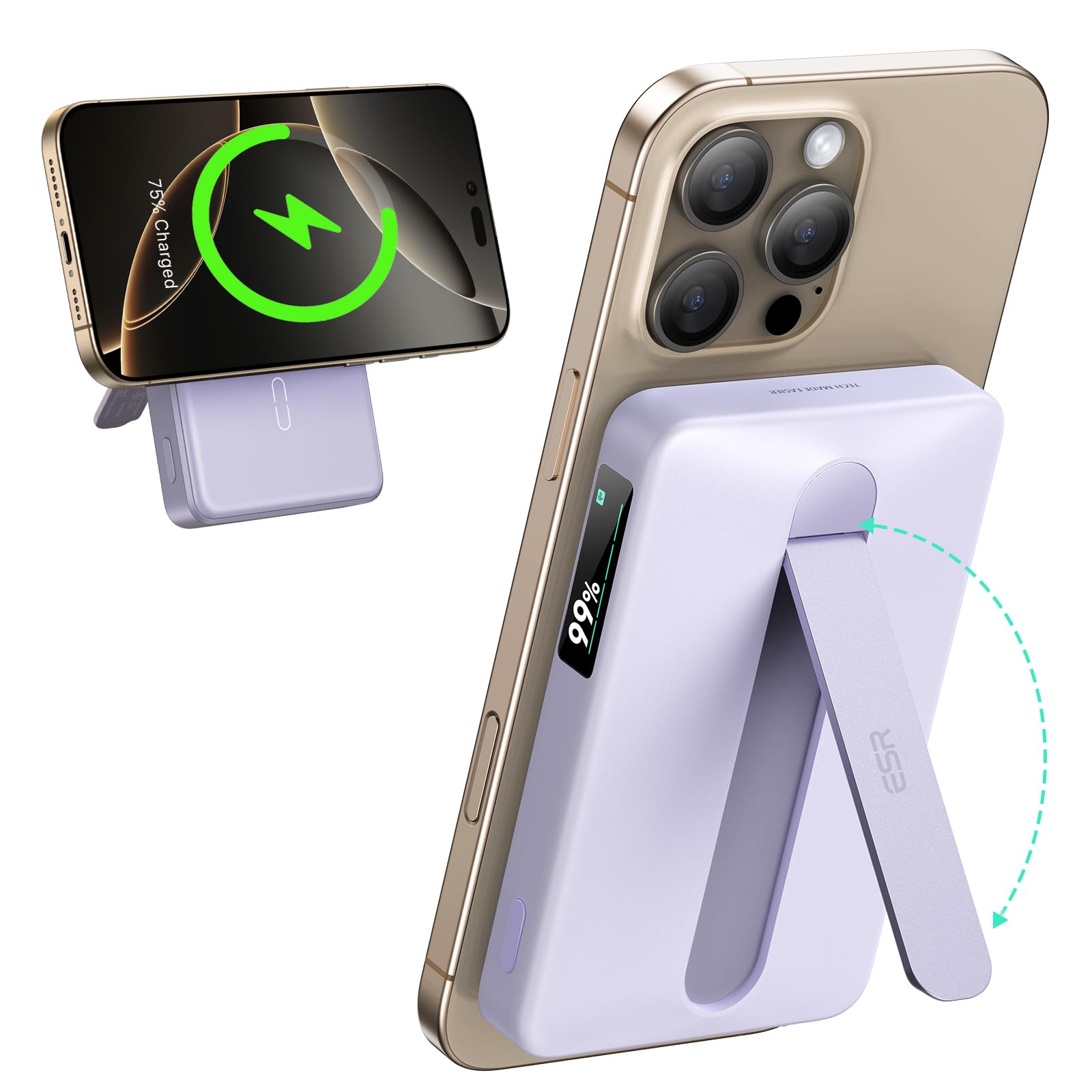 ESR for MagSafe Power Bank, Kickstand 10,000mAh MagSafe Portable Charger, Qi2 Certified 15W Fast Battery with LED Display, 27W USB-C MagSlim Charger with Cable for iPhone 17/16/15/14/13/12,Lavender