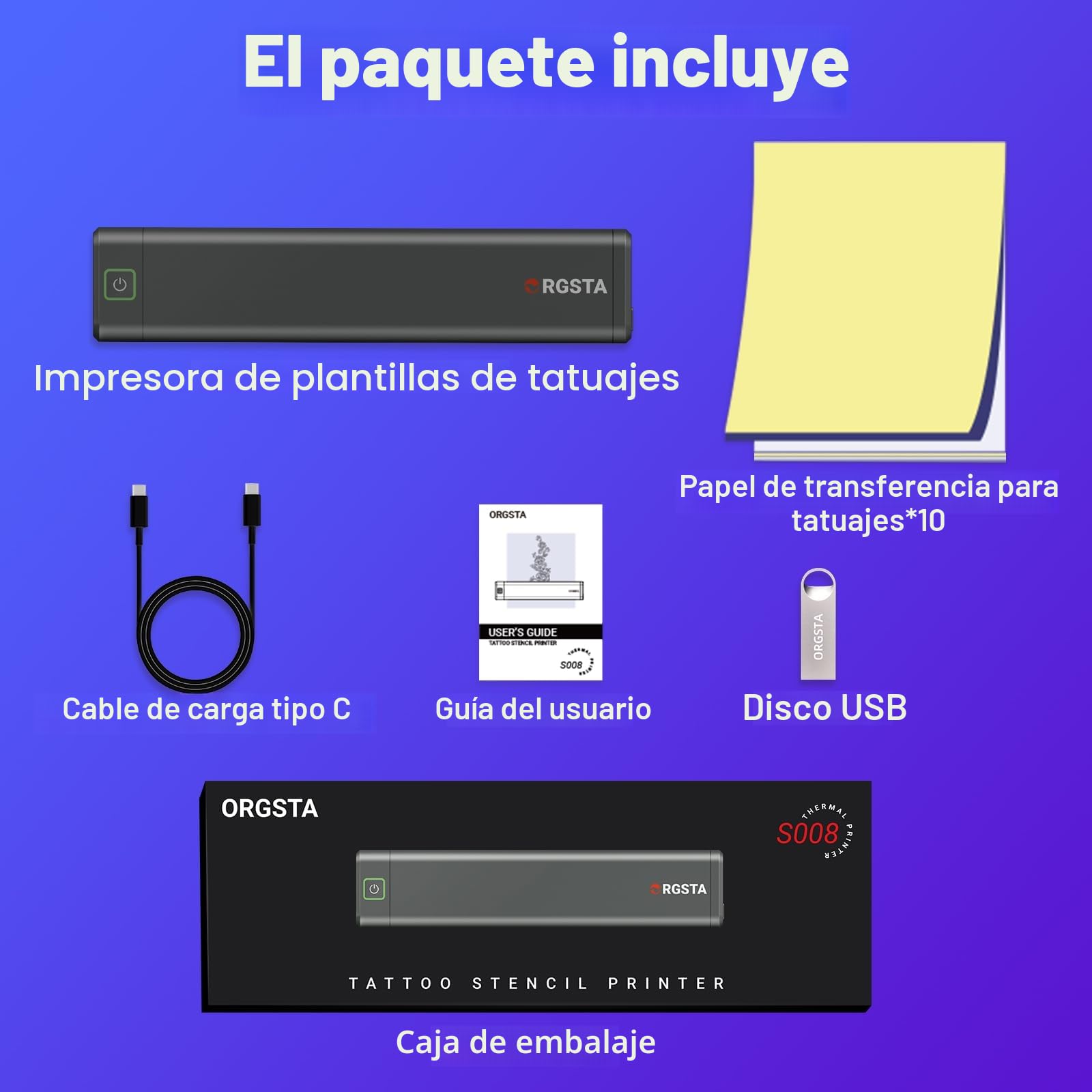 ORGSTA S008 Impresora de Tatuajes Térmica Bluetooth, Dispositivo Transferencia Estarcido Portátil para Principiantes con Papel