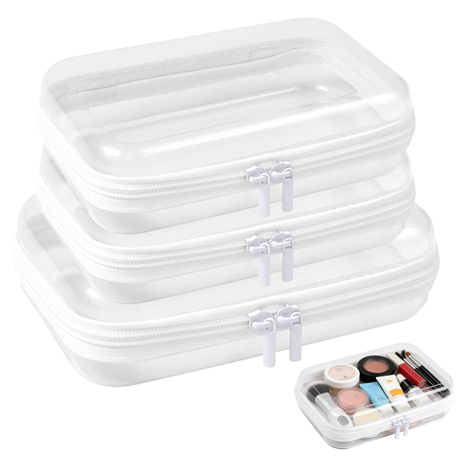 Neusid Transparent 3 Pcs Clear Hard Shell Zipper Cases, Waterproof Toiletry Toys Bags Double Zippered Pencil Case For Travel Makeup Tools Building Blocks Toiletries