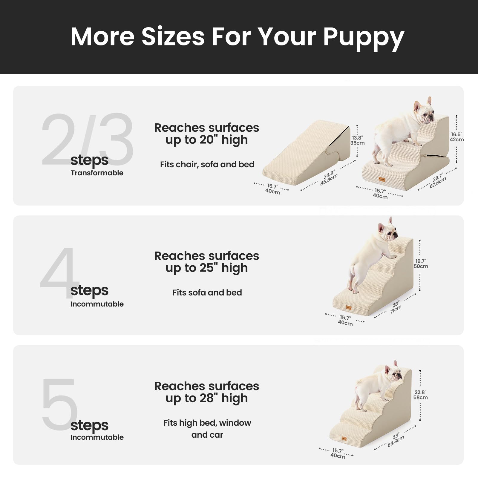 Gardner Pet Scala per Cani Piccoli 35/42cm, 3 Gradini, Rampina in Schiuma con Rivestimento Antiscivolo e Impermeabile per Letto, Divano e Auto, Beige