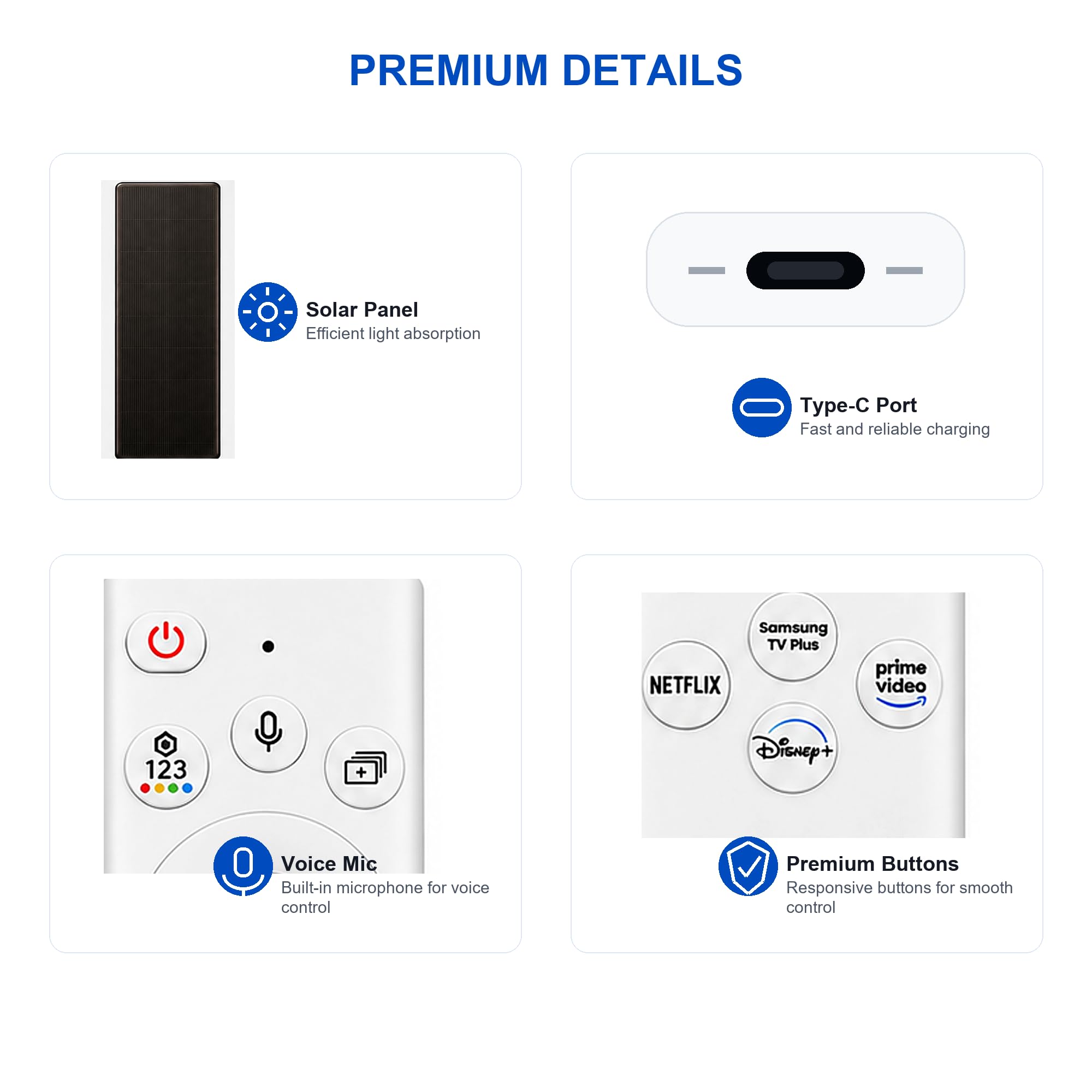 Telecomando per TV Samsung BN59-01385A, telecomando vocale di ricarica solare con 4 tasti di scelta rapida, ricaricabile USB-C, compatibile con Samsung Smart TV 2019-2025