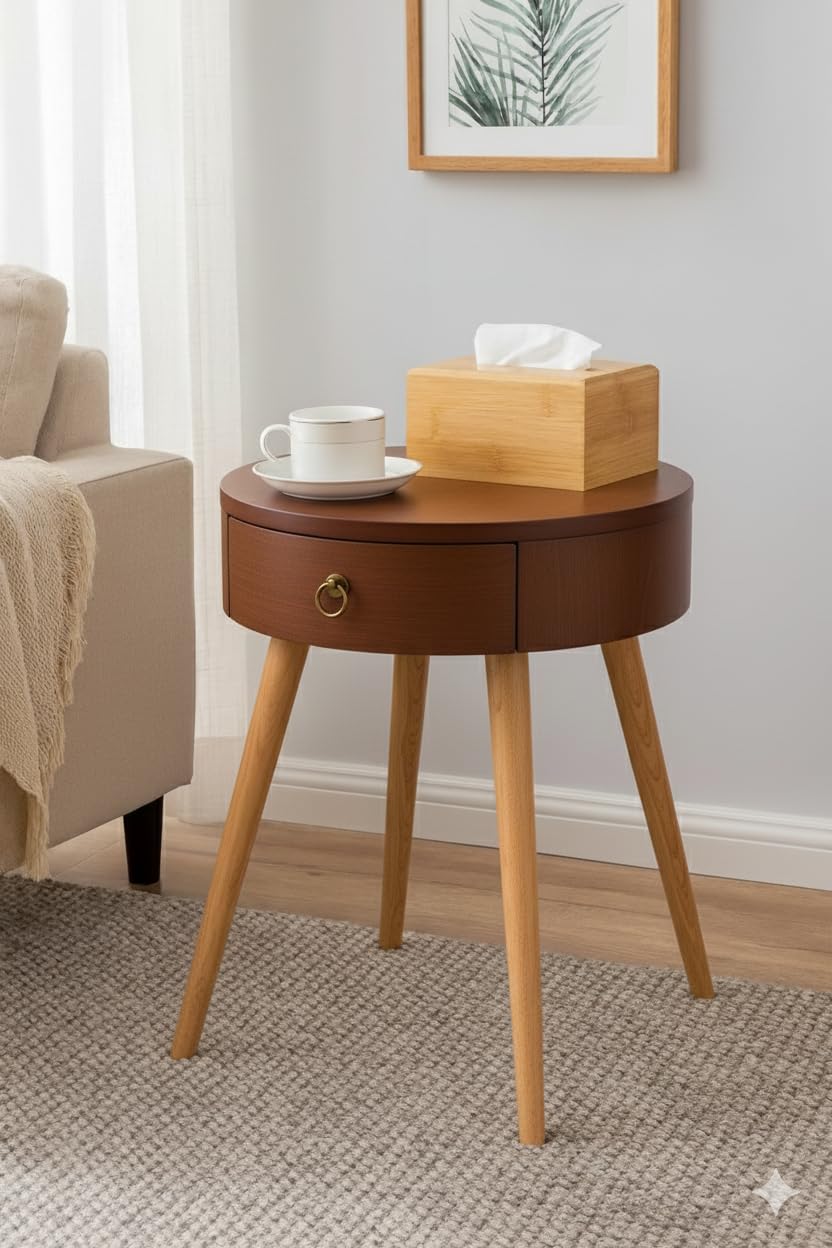 BROWN ART SHOPPEE Wooden Round Side Table With Drawer, Retro Bedside Chest, Coffee Table (Brown)-image-44
