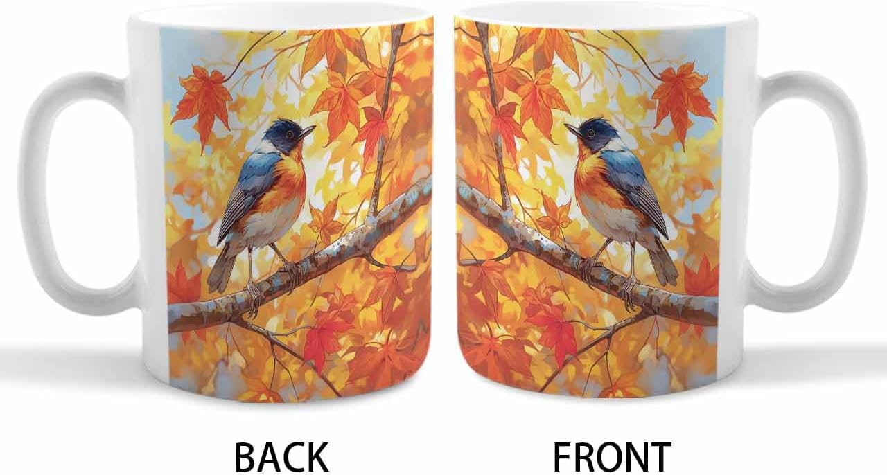 BEMIGO Ceramic Coffee Mug Autumn Maple Leaves Ceramic Mug White Cup, Thanksgiving Cute Bird Insulated Coffee Cup with Handle with Pattern Perfect for Tea and Hot Beverages, 12oz