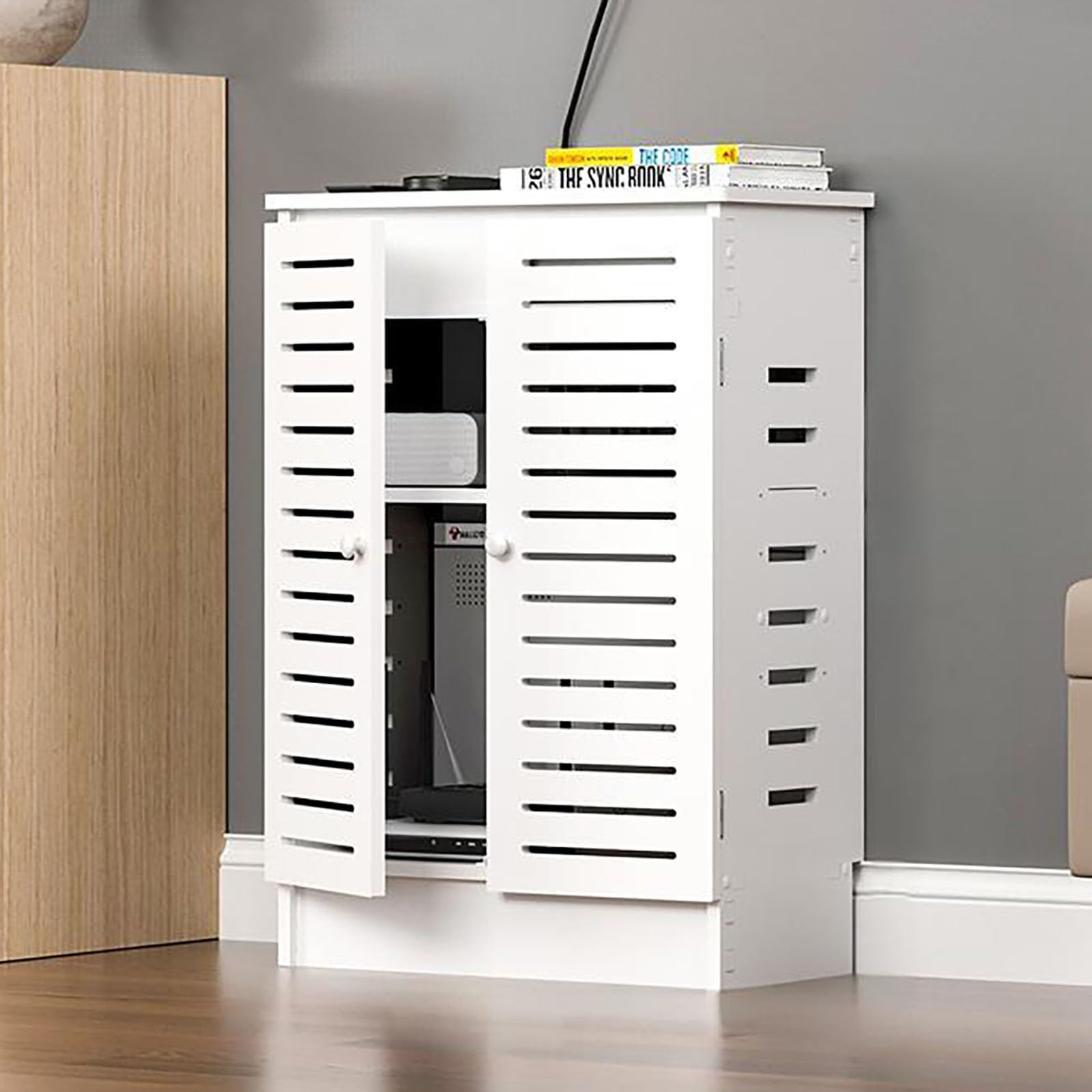 Caja para módem y regleta de alimentación con rejilla transpirable