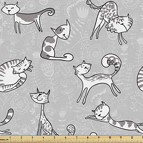 Image of Ambesonne Soft Grey Fabric by The Yard, Cats Posing Over Floral Background Feline Kitten Kitty Cartoon Art Prints, Decorative Fabric for Upholstery and Home Accents, 3 Yards, Soft Grey
