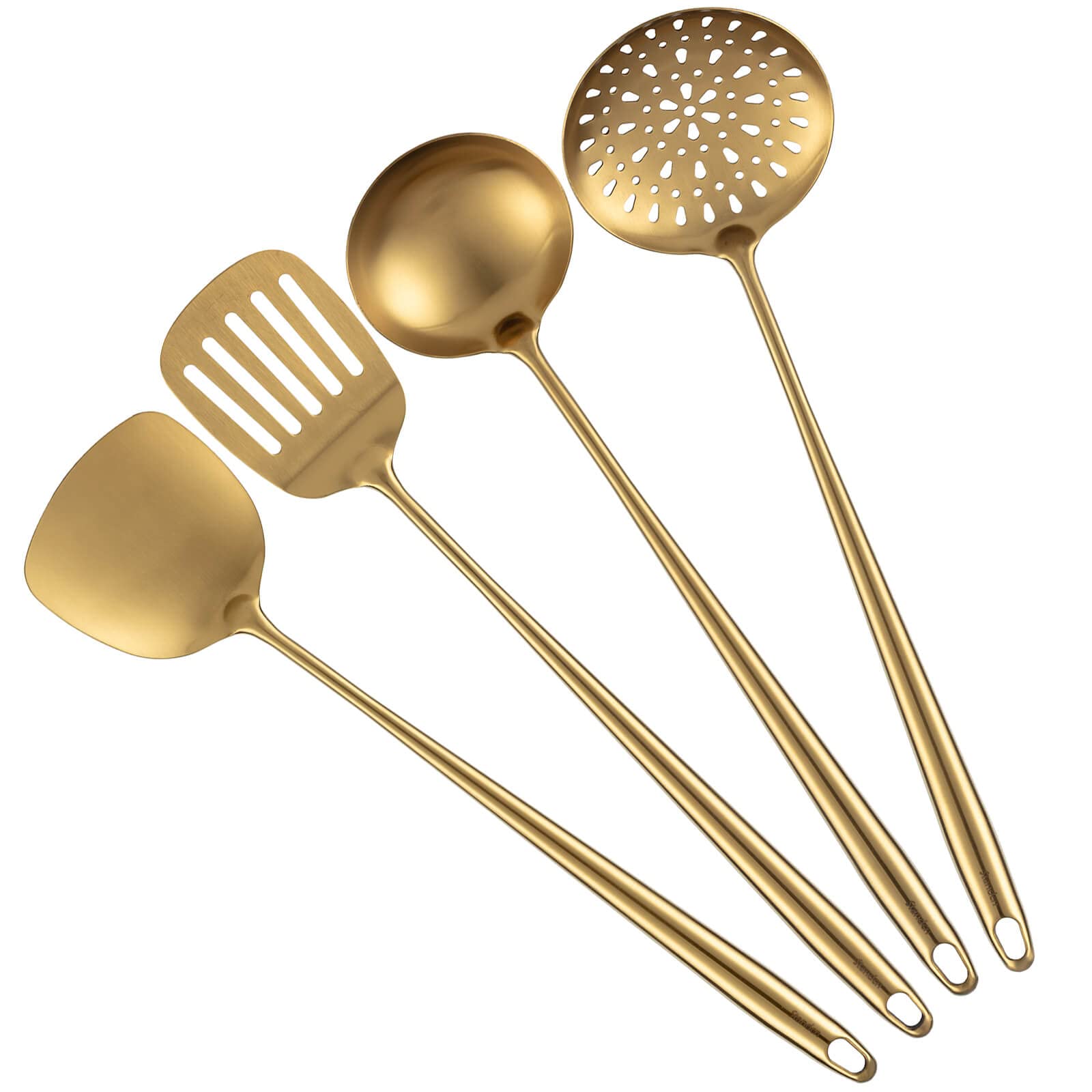 Juego de utensilios de cocina de acero inoxidable dorado de 17 pulgadas, Standcn 4 piezas de mango largo resistente al calor, espátula Wok, cucharón, cuchara ranurada, espátula ranurada