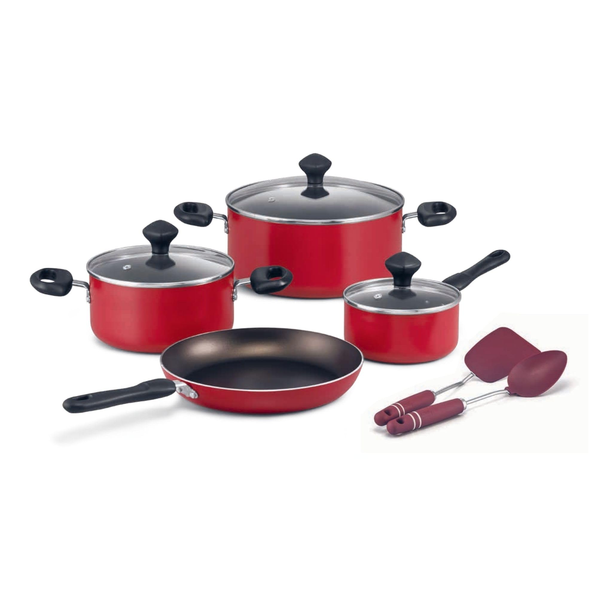 PrestigeValue Pack Non-Stick Cookware sets 9 Pcs | Non Stick Aluminium Pots and Pans Cooking Set | Soup Pots Set | Frying Pan Set | PR22430 - Red