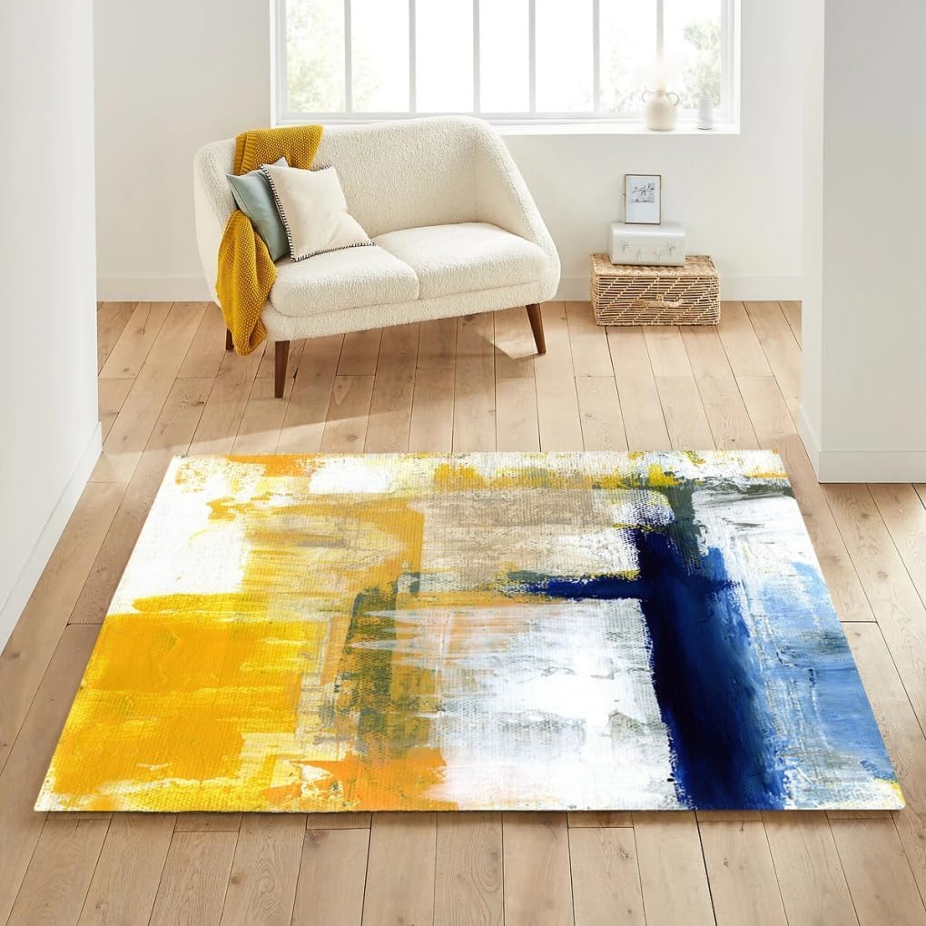 Blue Yellow Vibrant Modern Abstract Area Rug 6x6 Square Art Decor Aesthetic Livingroom Bedroom Rug Soft Washable Faux Wool Diningroom Office Floor