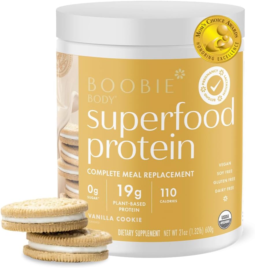 Boobie Body Superfood Protein Pregnancy and Postpartum Meal Replacement Shake, Vanilla Cookie Flavor | 19g Protein | Safe for Lactation & Motherhood | Organic, Vegan, Zero Sugar, 1 Tub (20 Servings)