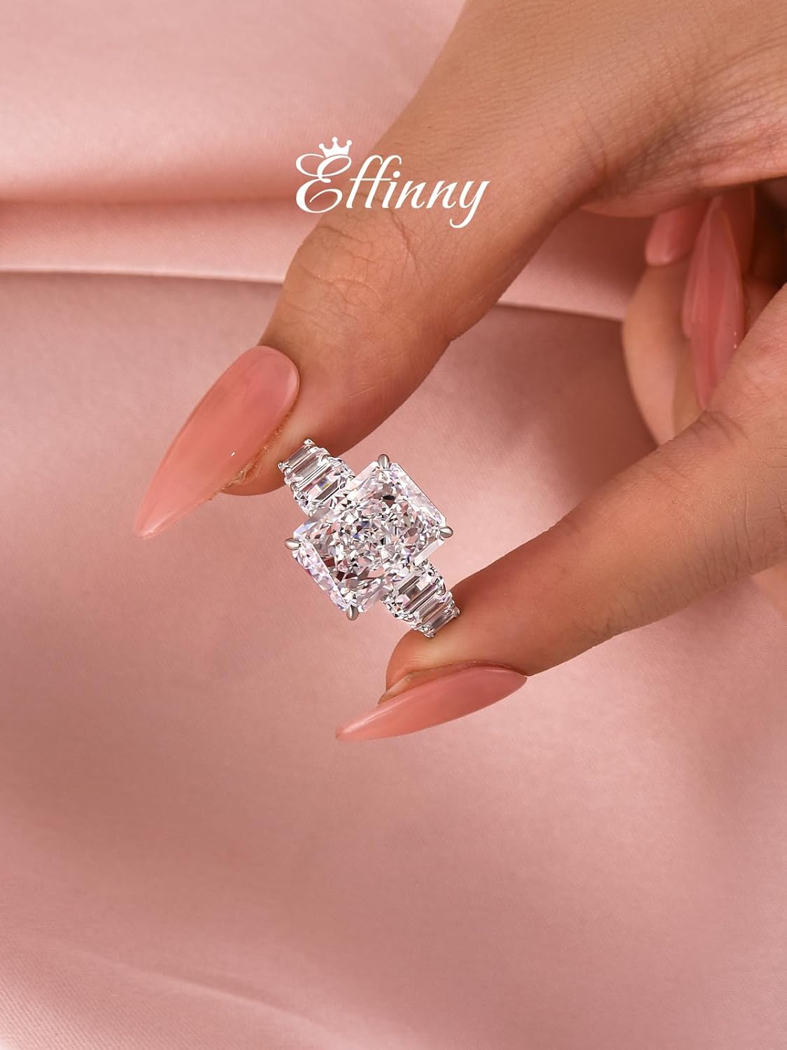 6.5ct Luxurious Crushed Ice Radiant Cut Engagement Ring,Big CZ Half Eternity 925 Sterling Silver Promise Ring for Wedding,Daily,Travel - Image 5