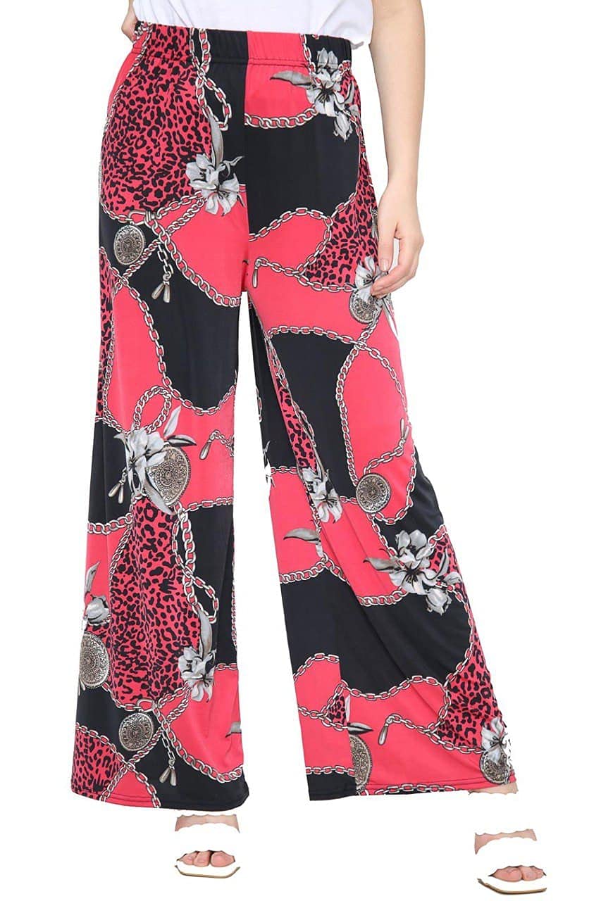 Wearall Women's Red Leopard Chain Plus Size Floral Print Wide Leg Palazzo Trousers Pants - 24-26