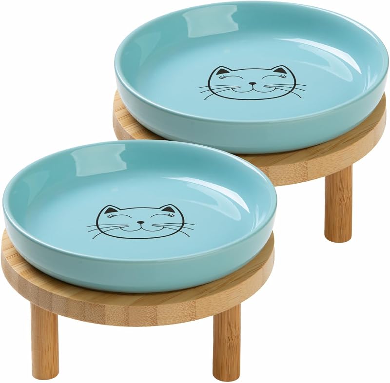 Potes Elevados Rasos e Largos para Gatos Lusifaco com Tigelas de Cerâmica e Suporte de Bambu Azul, Conjunto com 2