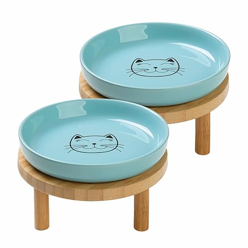 Lusifaco Shallow Elevated Cat Bowls,5.9 Inch Wide Raised Ceramic Cat Dishes with Bamboo Stand, Whisker Friendly Pet Water or Food Plates Feeding Station for Indoor Cats, Kitten (Blue,Set of 2) - Blue - Plate with stand(set of 2)