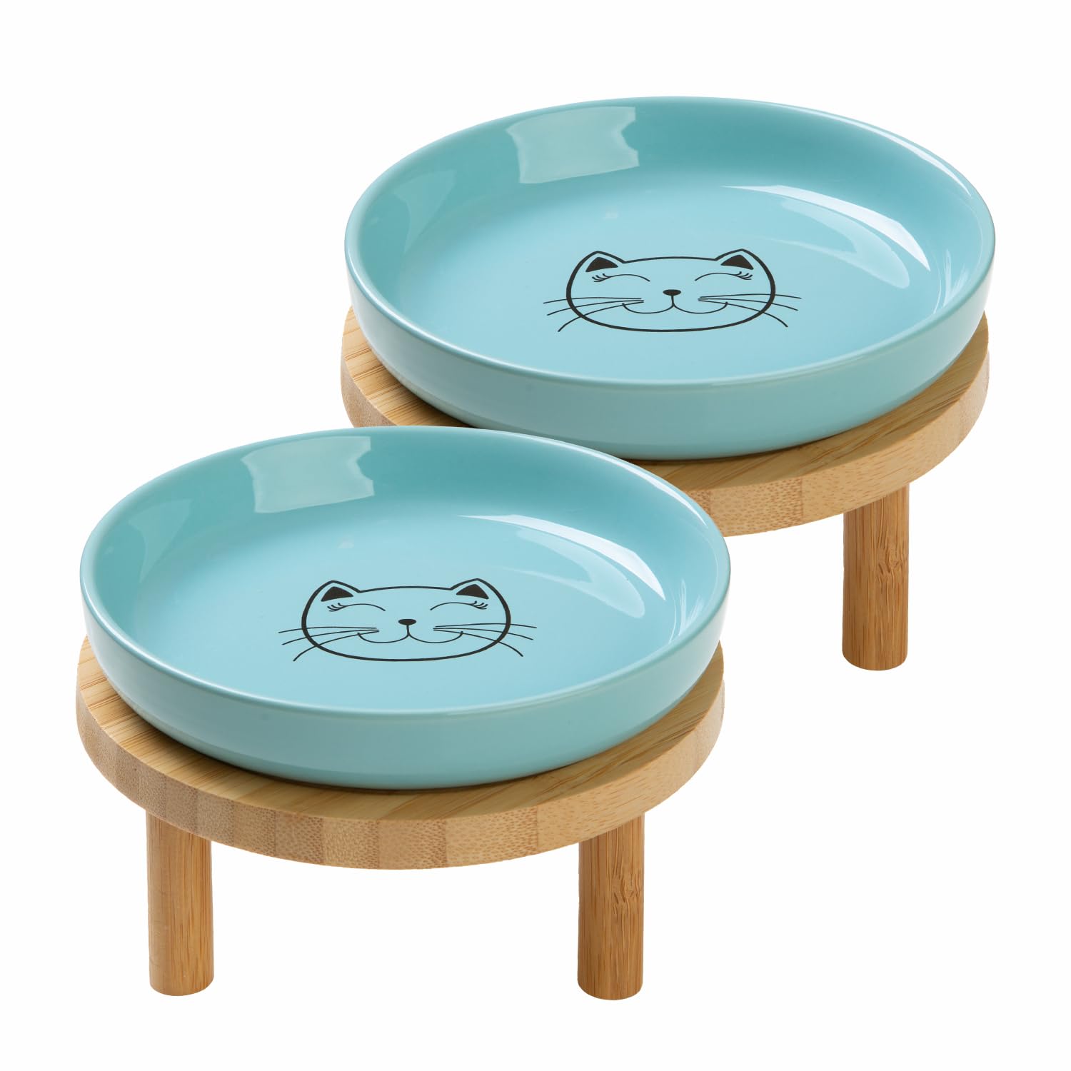 Lusifaco Shallow Elevated Cat Bowls,5.9 Inch Wide Raised Ceramic Cat Dishes with Bamboo Stand, Whisker Friendly Pet Water or Food Plates Feeding