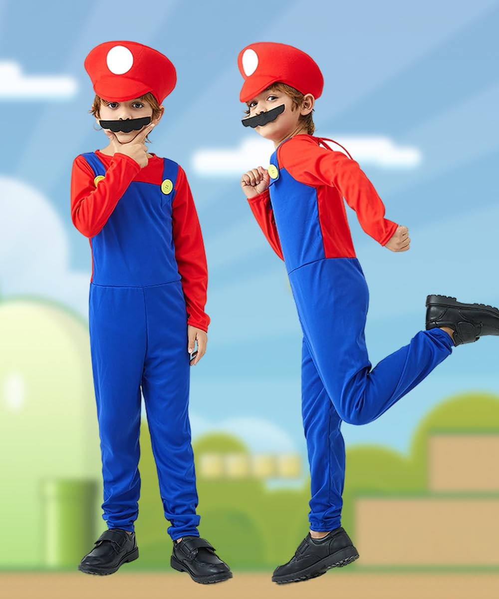 YYDSXK Super Bros Costume Bambino Adulto, Costumi Carnevale, Costumi Cosplay Classico Super Bros per Ragazzo con Cappello, Guanti per Bambino Compleanno Natale Halloween Carnevale Cosplay Vestito