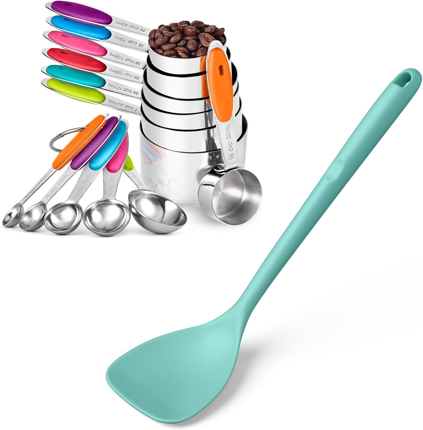 U-Taste 18/8 Stainless Steel Measuring Cups and Spoons Set of 12 (Multi) and 600ºF Heat Resistant 13.76" Long, 3.63" Wide Wok Spatula for Kitchen Stir Fry (Aqua Sky)