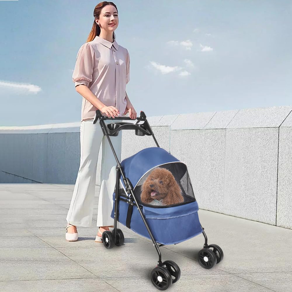OHMG Hundebuggy, Kinderwagen für Hunde und Katzen, bis zu 25 kg, 4 Räder, zusammenklappbarer Kinderwagen für Reisen im Freien, faltbarer Trolley für Hunde, mit Netzfenster und Getränkehalter