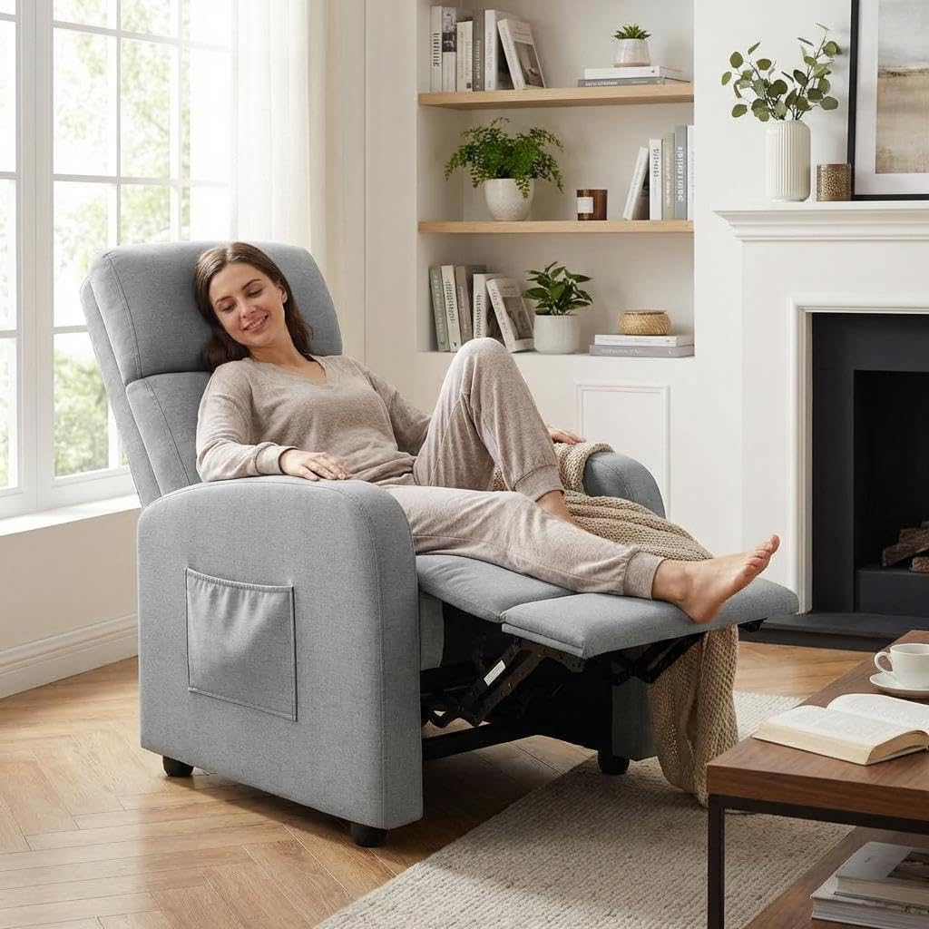 Recliner Armchair, Linen Push Back Reclining Chair with Padded Armrests & Adjustable Leg Rest, High Back Manual Single Sofa with Side Pocket for Living Room, Lounge & Home Cinema - Light Grey