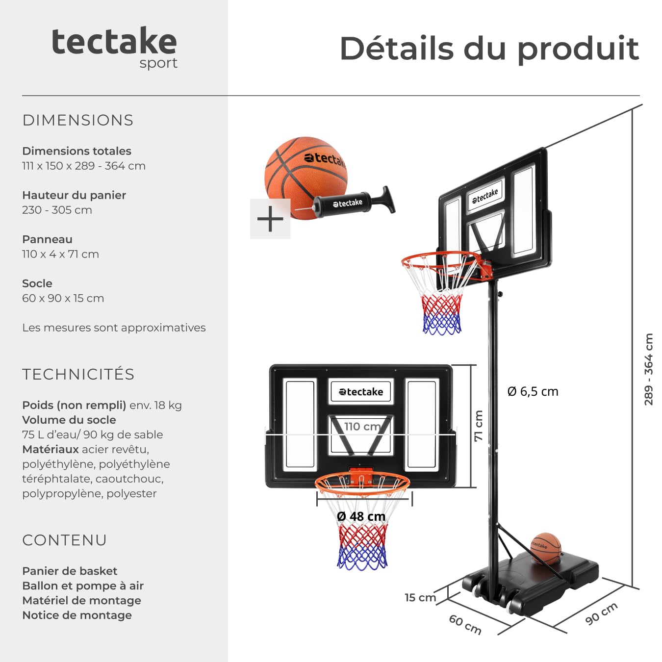 tectake® Panier de Basket Exterieur sur Pied pour Enfants & Adultes, Hauteur Réglable idéal pour Sport Enfants Jeu au Ballon de Basket