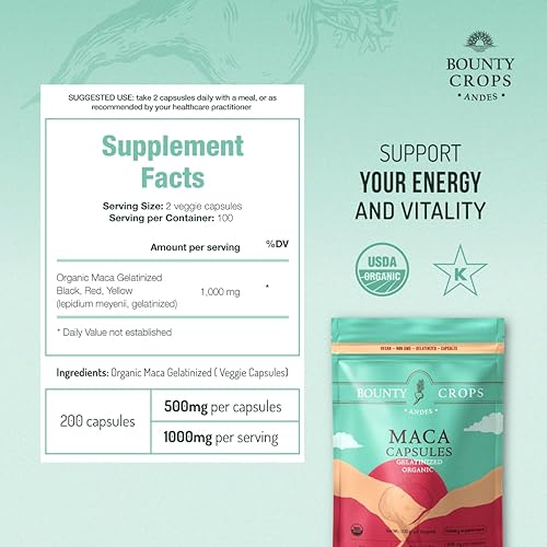 Miniatura 3 de Cápsulas de polvo de maca orgánica 1000 mg por porción, gelatinizadas, sin OMG, 200 cápsulas veganas, maca peruana negra, roja y amarilla, apoyo de