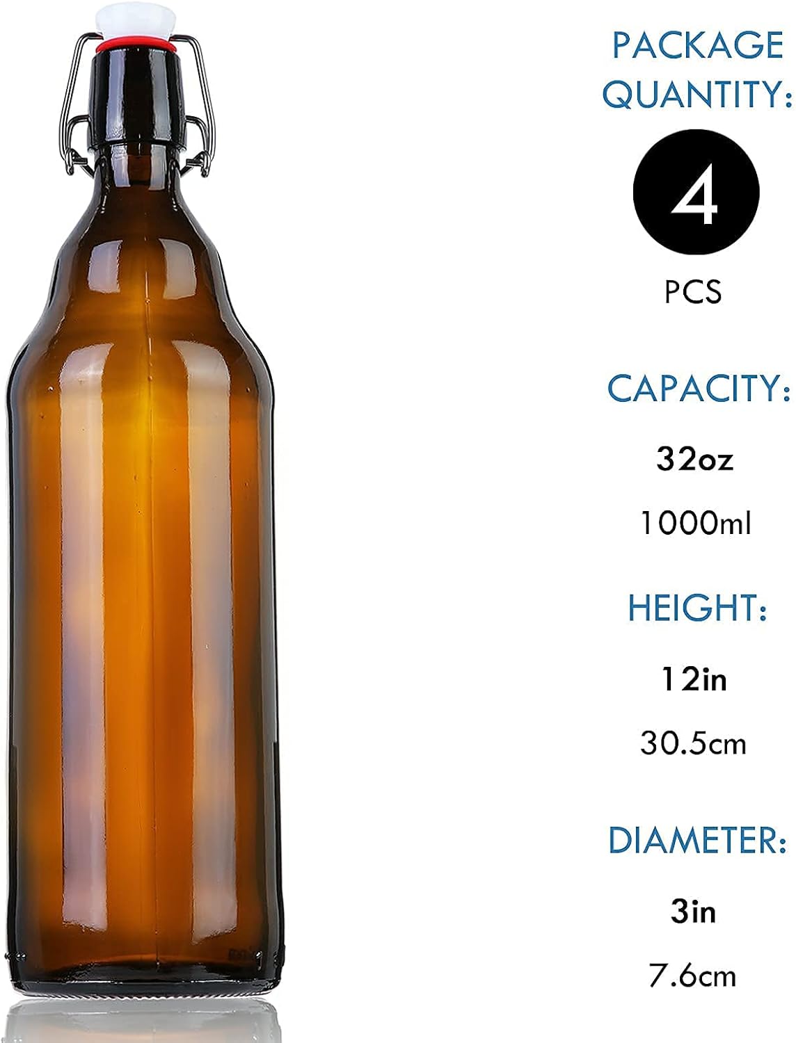 YEBODA 32 oz Amber Glass Beer Bottles for Home Brewing with Flip Caps, Case of 4 - Image 7
