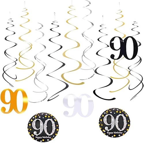 18 piezas de decoración de cumpleaños de 90 años de color negro dorado para hombres y mujeres, decoraciones colgantes de techo para cumpleaños de